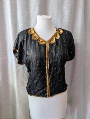 Vintage 80s Back Silk Gold Sequin Party Top S